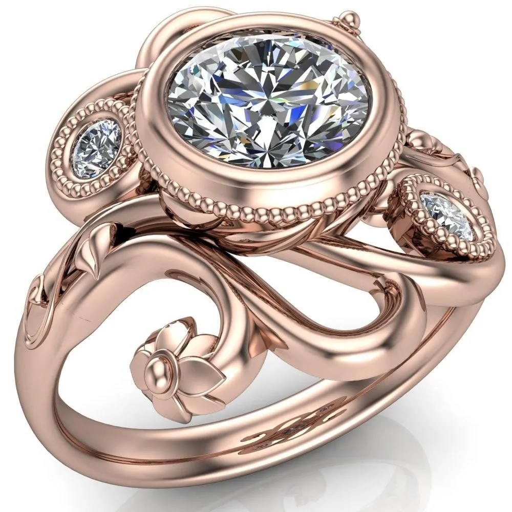 Kristy Round Center Stone Custom Floral Milgrain Cocktail with Diamond Bezels Ring