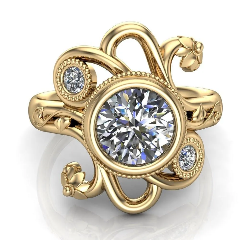 Kristy Round Center Stone Custom Floral Milgrain Cocktail with Diamond Bezels Ring