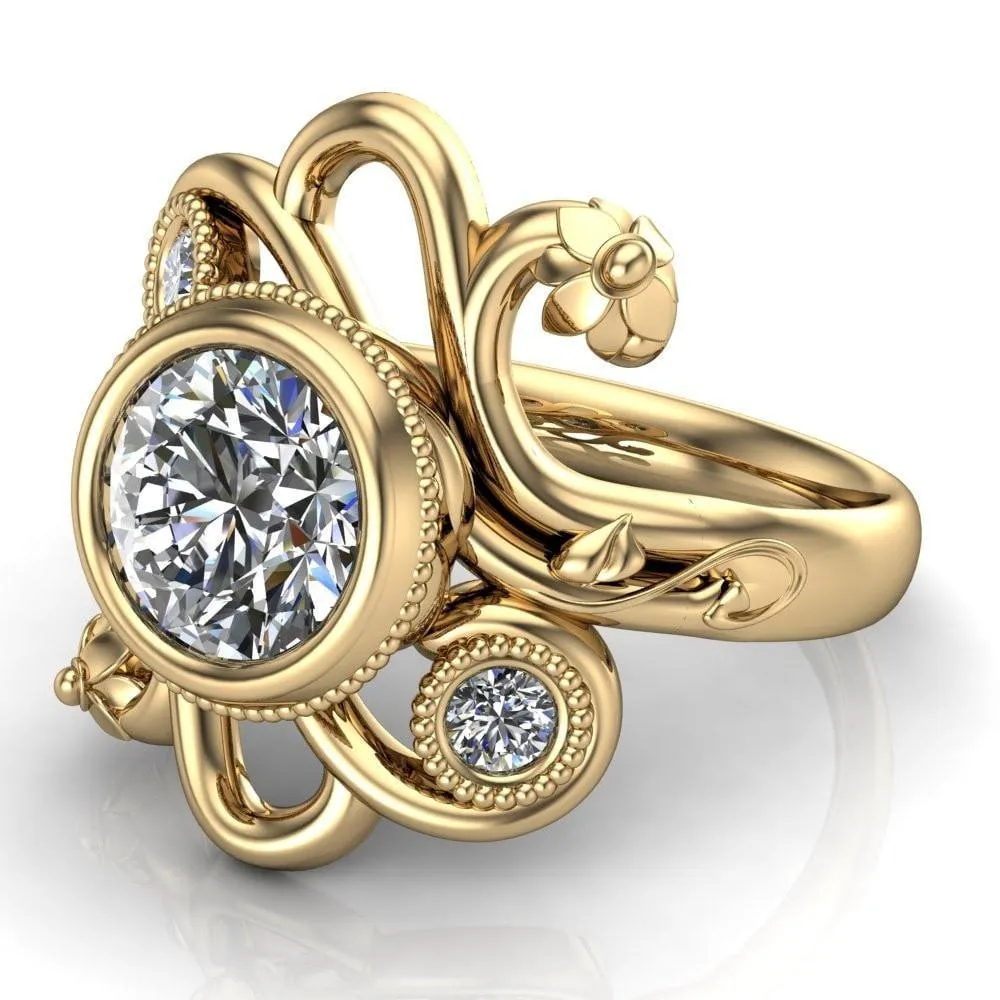 Kristy Round Center Stone Custom Floral Milgrain Cocktail with Diamond Bezels Ring