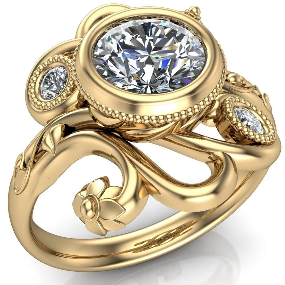 Kristy Round Center Stone Custom Floral Milgrain Cocktail with Diamond Bezels Ring