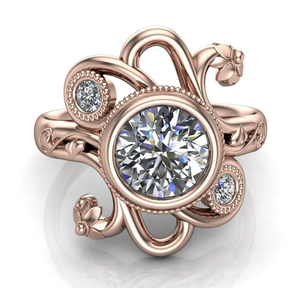 Kristy Round Center Stone Custom Floral Milgrain Cocktail with Diamond Bezels Ring