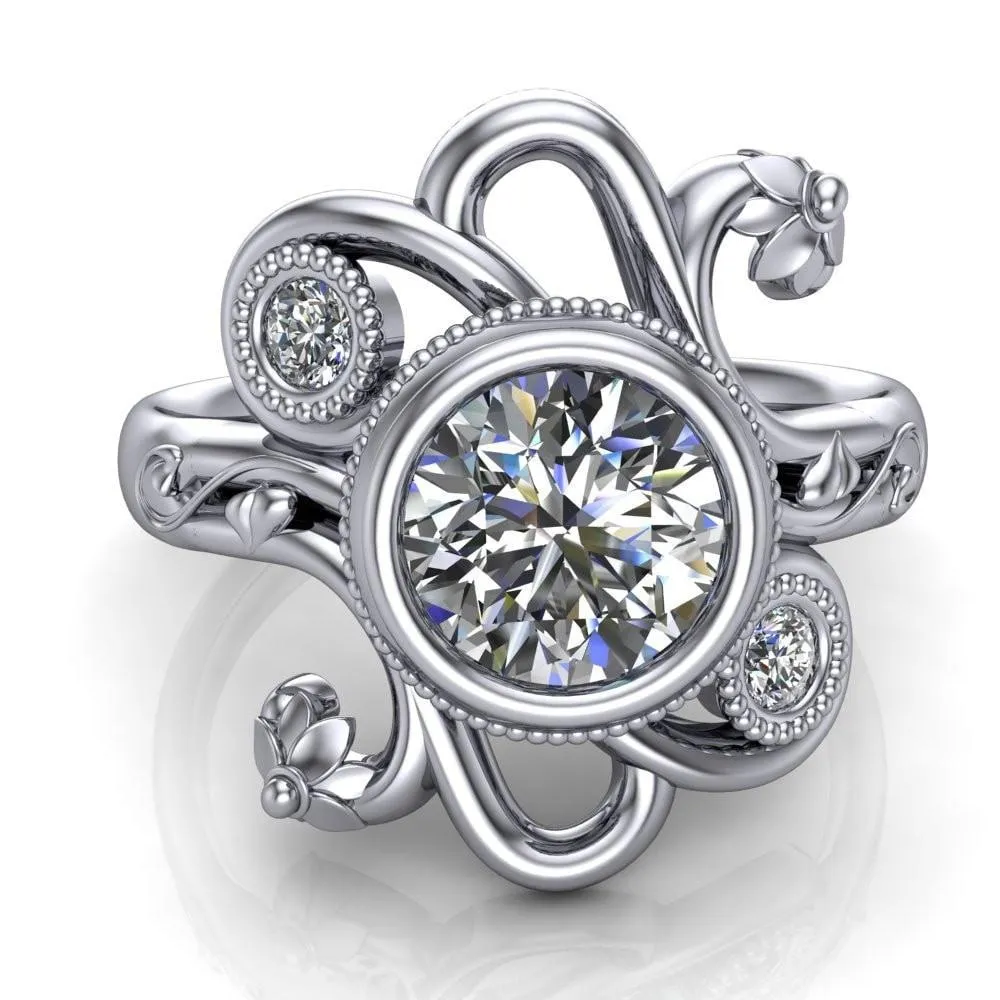 Kristy Round Center Stone Custom Floral Milgrain Cocktail with Diamond Bezels Ring