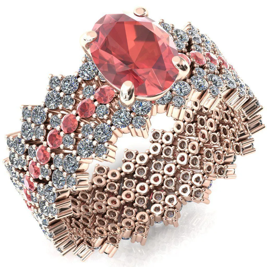 Lacy Oval Padparadscha Sapphire Full Eternity Padparadscha Sapphire and Diamond Accent Ring