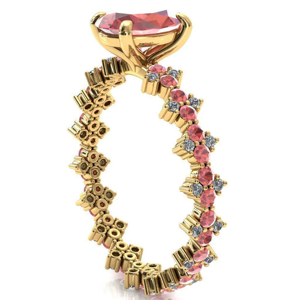 Lacy Oval Padparadscha Sapphire Full Eternity Padparadscha Sapphire and Diamond Accent Ring