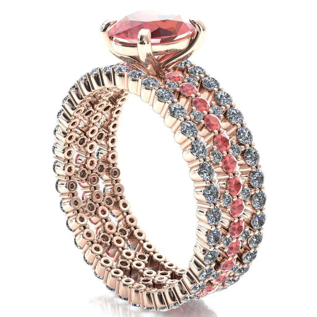 Lacy Oval Padparadscha Sapphire Full Eternity Padparadscha Sapphire and Diamond Accent Ring