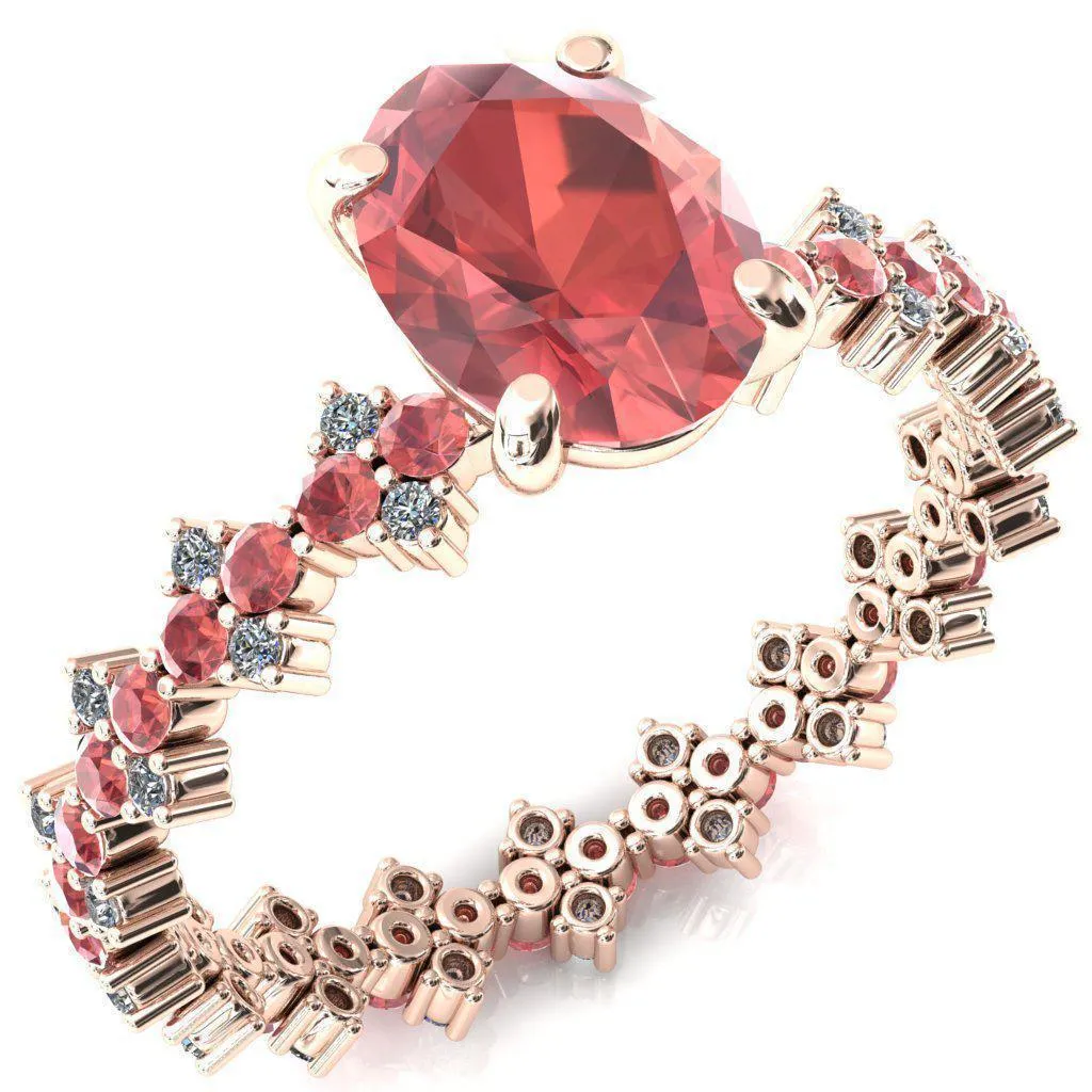 Lacy Oval Padparadscha Sapphire Full Eternity Padparadscha Sapphire and Diamond Accent Ring