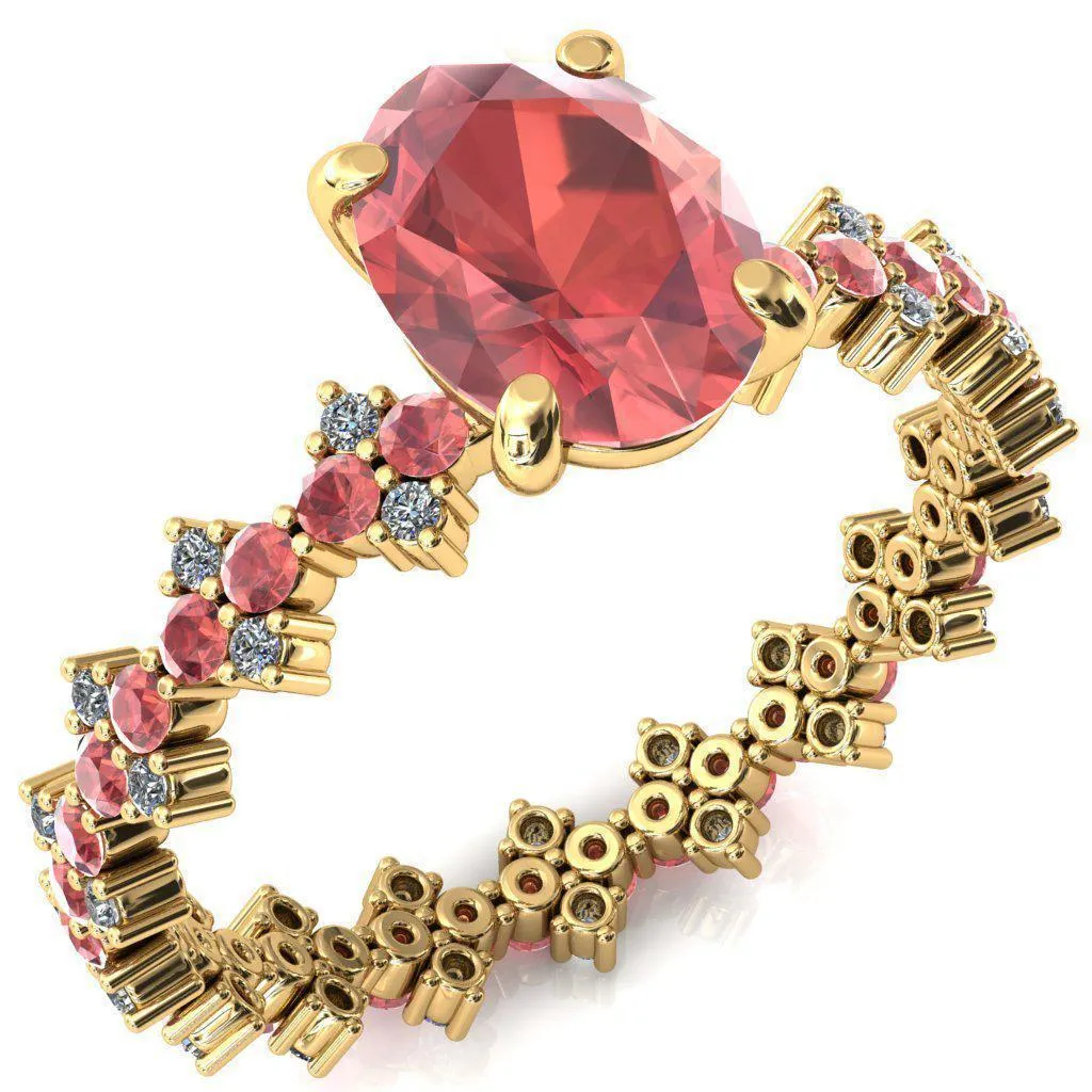 Lacy Oval Padparadscha Sapphire Full Eternity Padparadscha Sapphire and Diamond Accent Ring