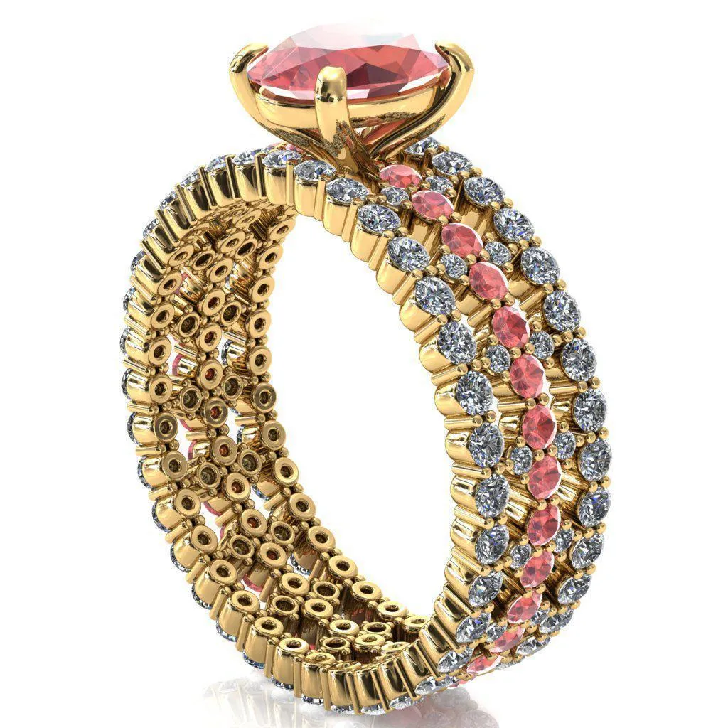 Lacy Oval Padparadscha Sapphire Full Eternity Padparadscha Sapphire and Diamond Accent Ring