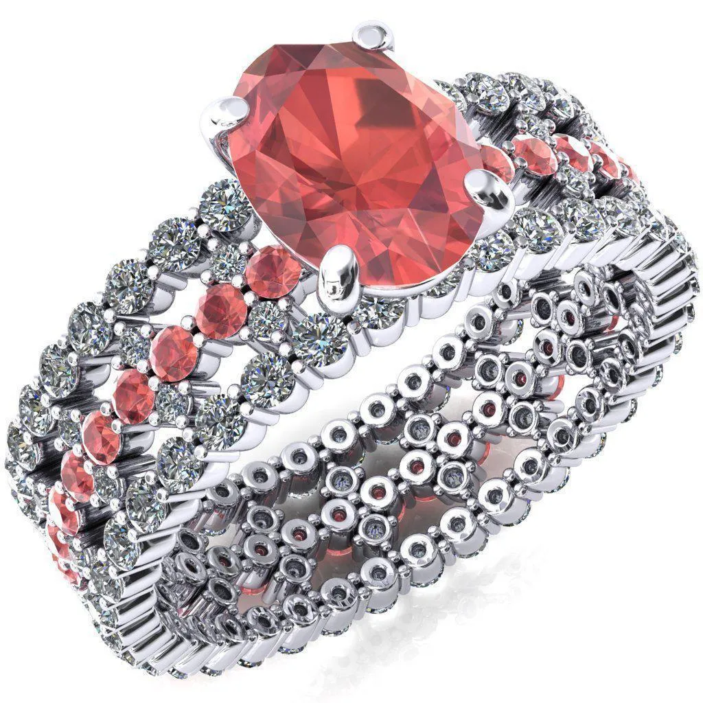 Lacy Oval Padparadscha Sapphire Full Eternity Padparadscha Sapphire and Diamond Accent Ring