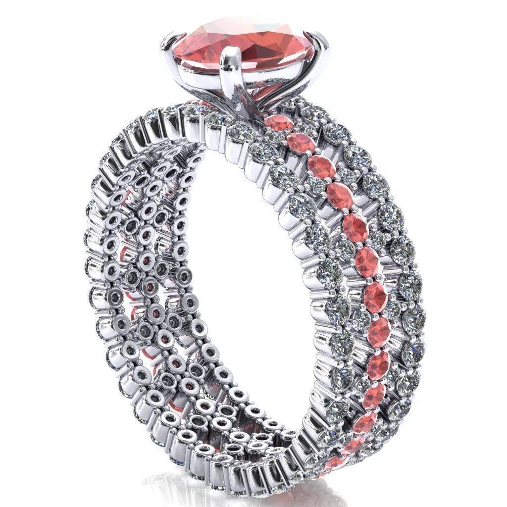 Lacy Oval Padparadscha Sapphire Full Eternity Padparadscha Sapphire and Diamond Accent Ring