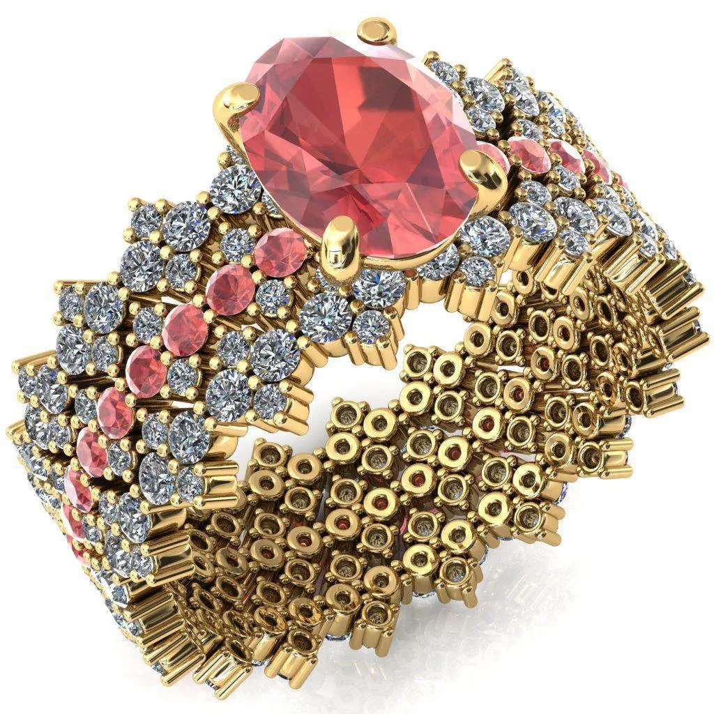 Lacy Oval Padparadscha Sapphire Full Eternity Padparadscha Sapphire and Diamond Accent Ring