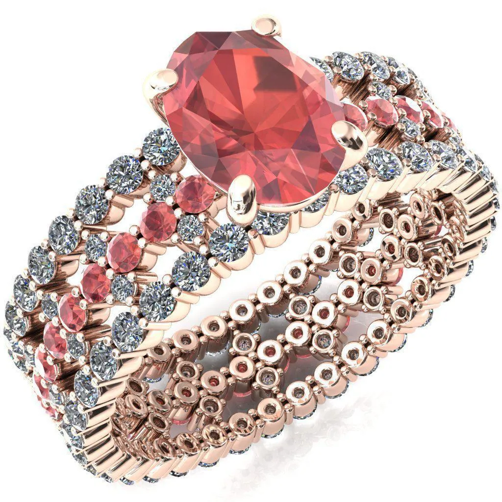 Lacy Oval Padparadscha Sapphire Full Eternity Padparadscha Sapphire and Diamond Accent Ring