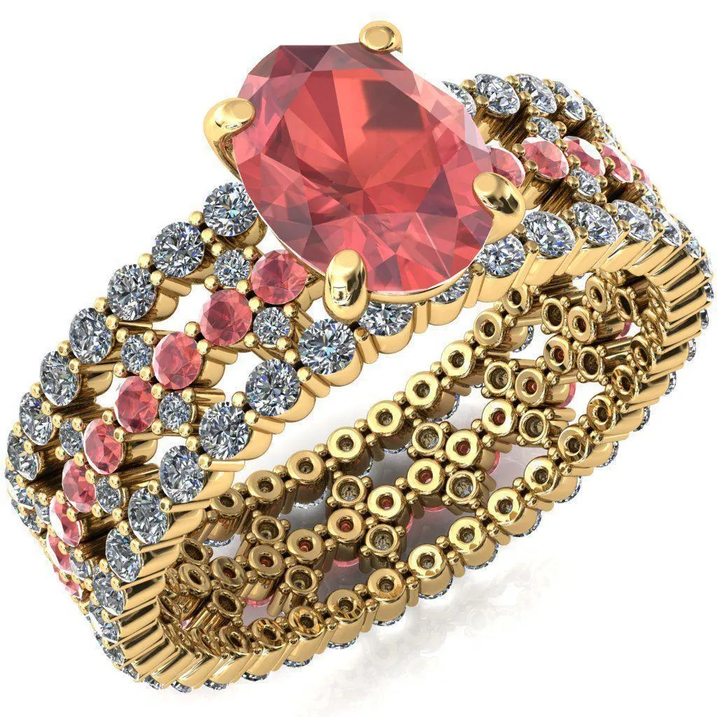 Lacy Oval Padparadscha Sapphire Full Eternity Padparadscha Sapphire and Diamond Accent Ring