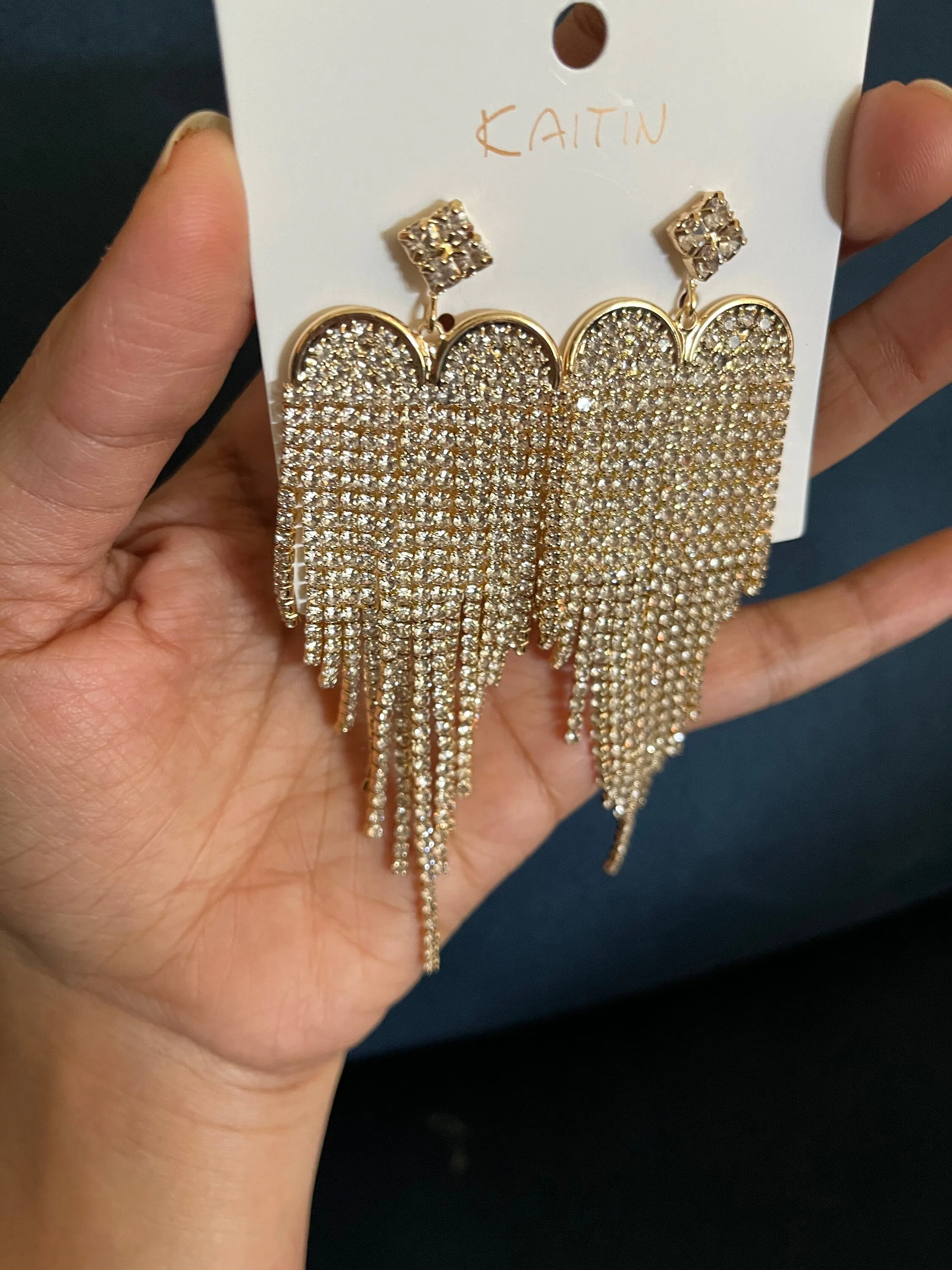 Large Gold rhinestone earrings , long clear rhinestone earrings , fringe earrings , gold chain earring big chandelier