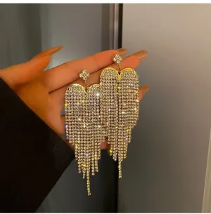 Large Gold rhinestone earrings , long clear rhinestone earrings , fringe earrings , gold chain earring big chandelier