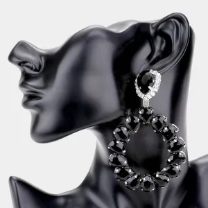 Large Jet Black Crystal Teardrop Hoop Pageant Earrings  | 494867