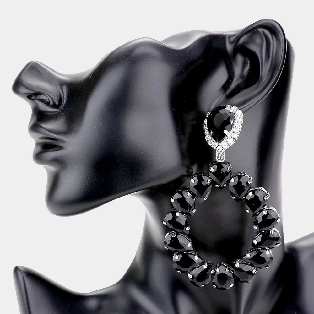 Large Jet Black Crystal Teardrop Hoop Pageant Earrings  | 494867