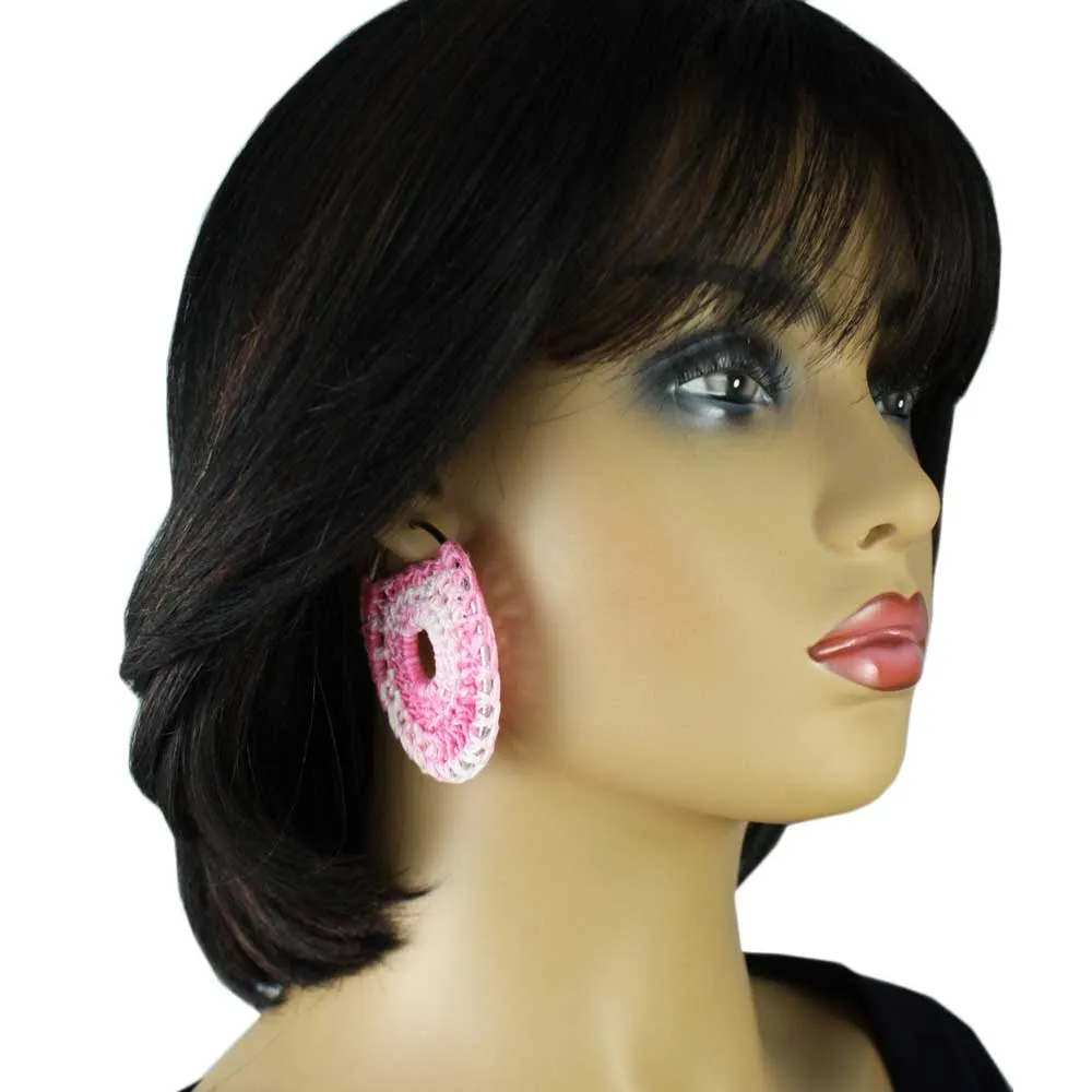 Large Pink and White Hoop with Crochet Center Pierced Earring - STXE05