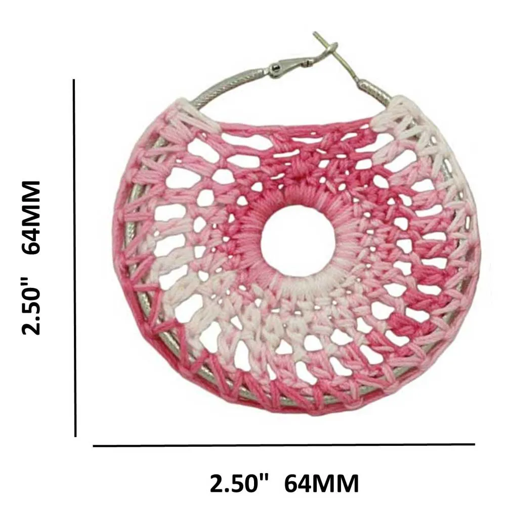 Large Pink and White Hoop with Crochet Center Pierced Earring - STXE05