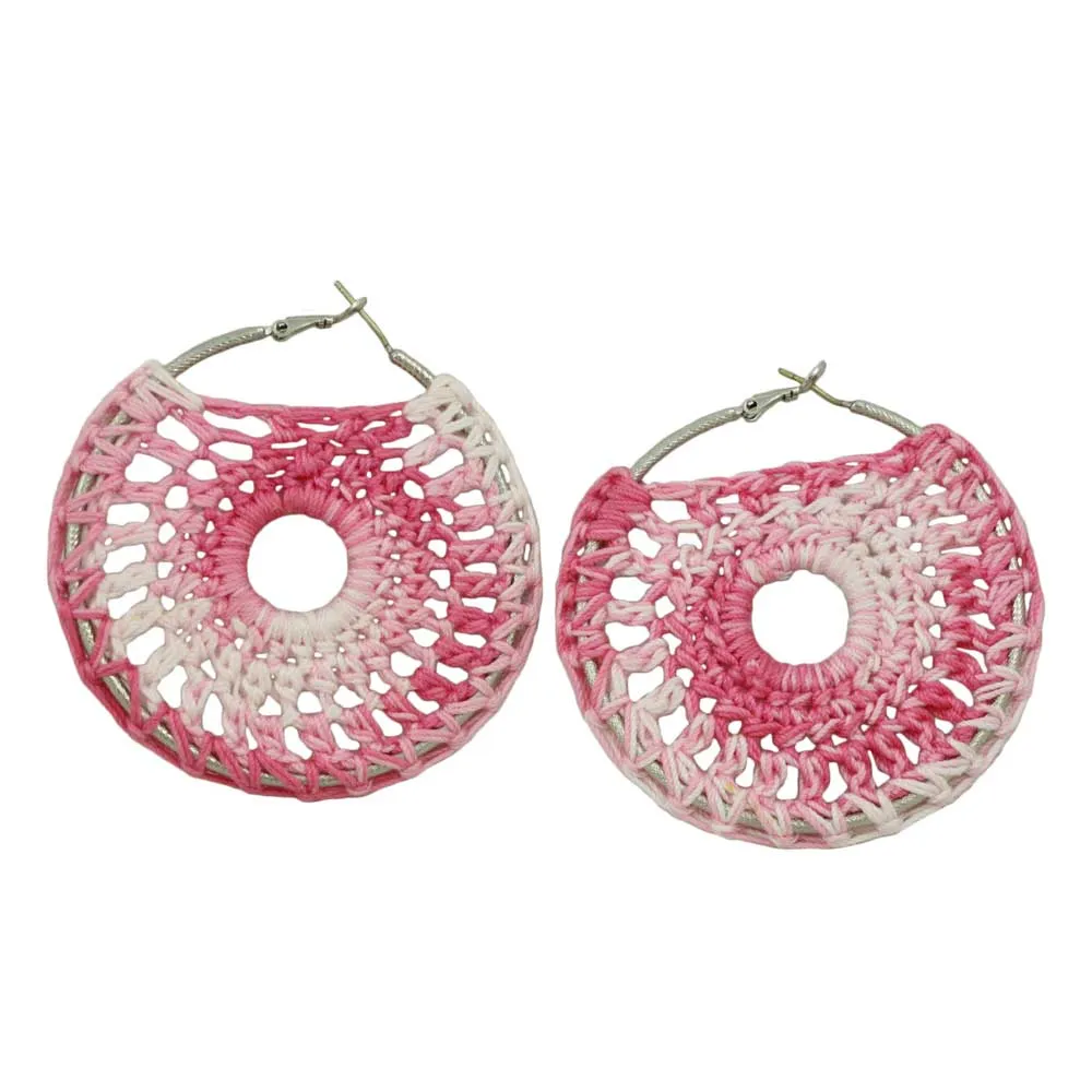 Large Pink and White Hoop with Crochet Center Pierced Earring - STXE05