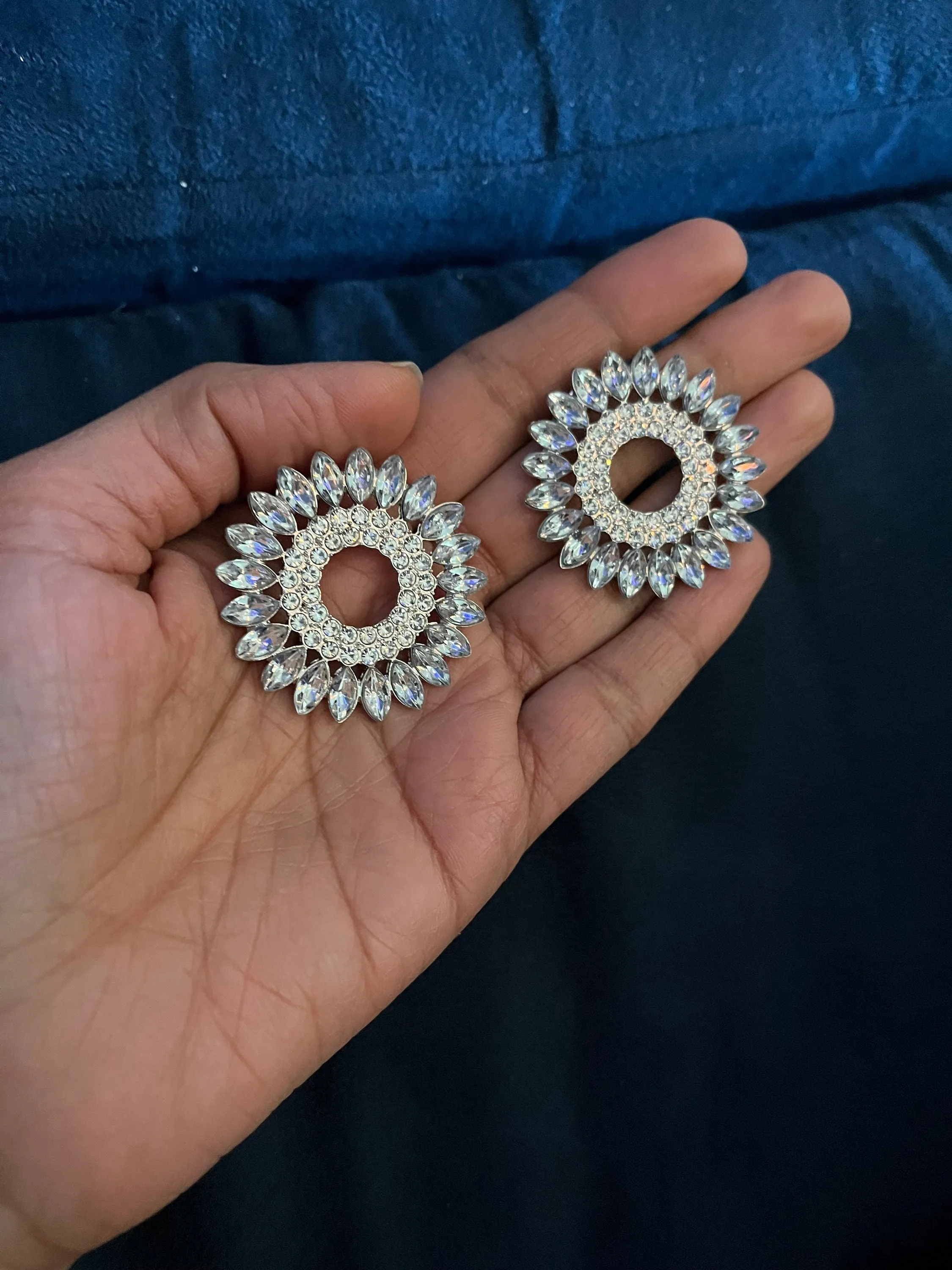 Large White earrings stud Sunburst crystal Rhinestone Round Crystal Pageant oversized Clear silver white stud Earrings big huge