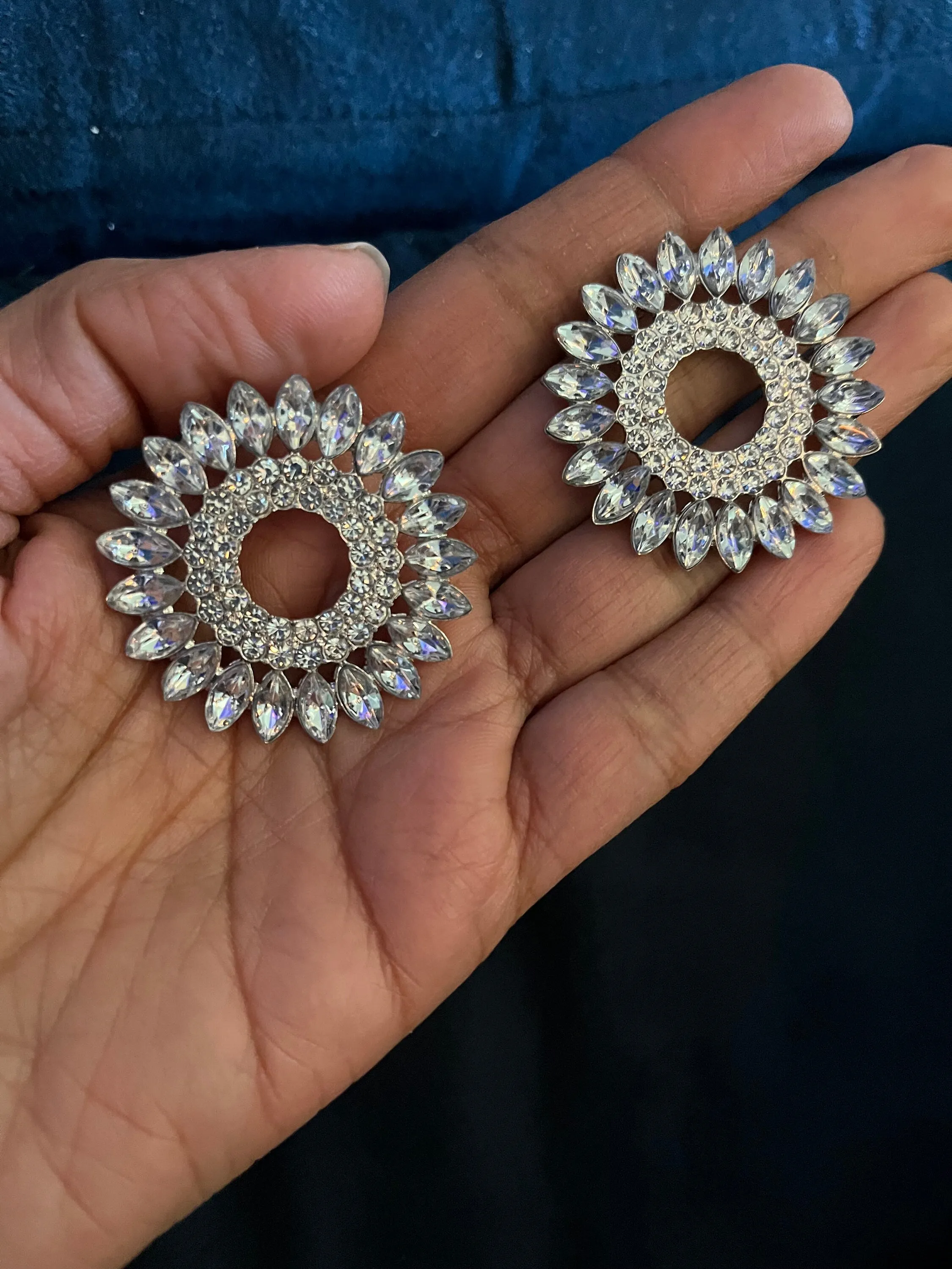 Large White earrings stud Sunburst crystal Rhinestone Round Crystal Pageant oversized Clear silver white stud Earrings big huge