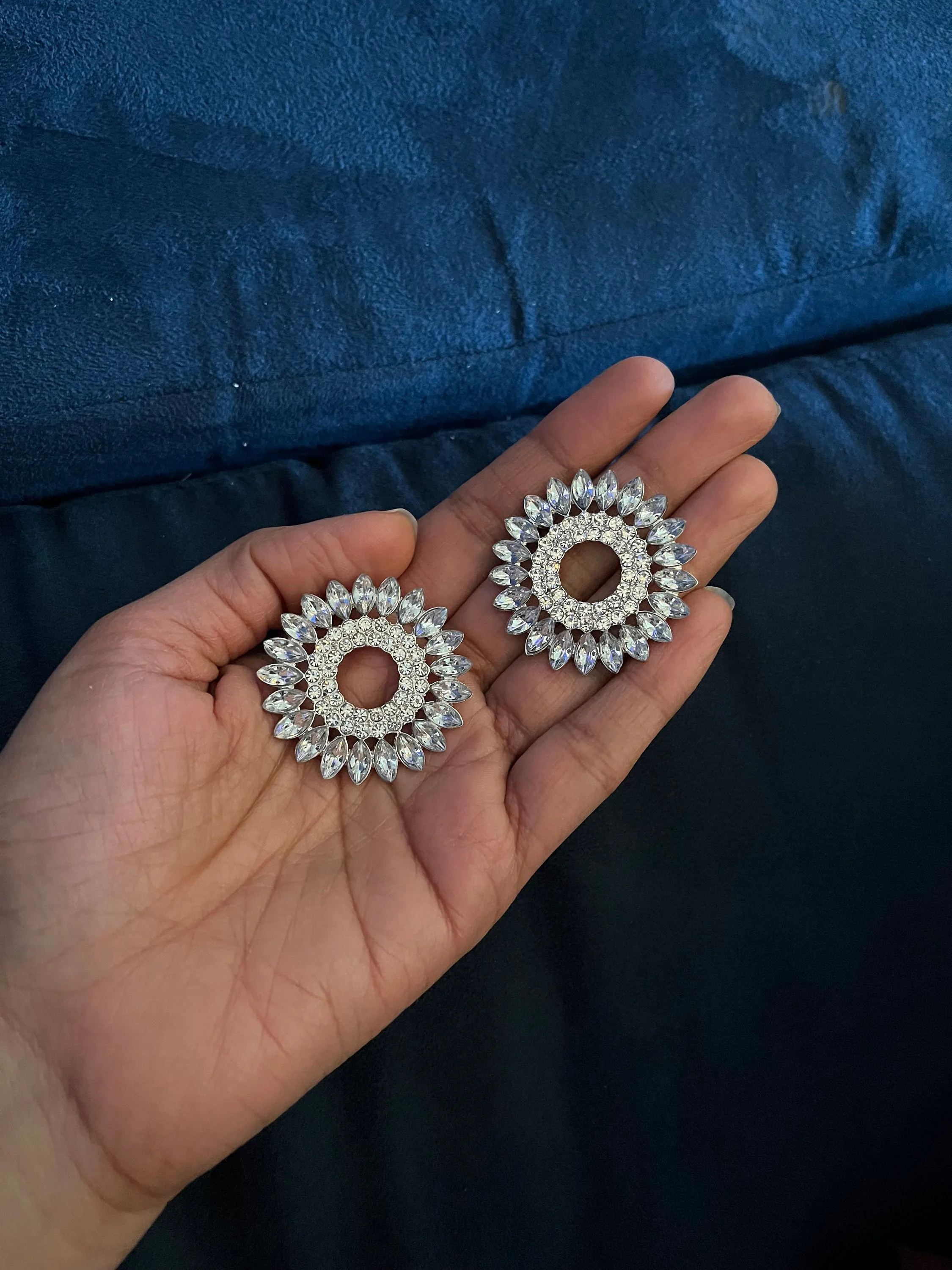 Large White earrings stud Sunburst crystal Rhinestone Round Crystal Pageant oversized Clear silver white stud Earrings big huge
