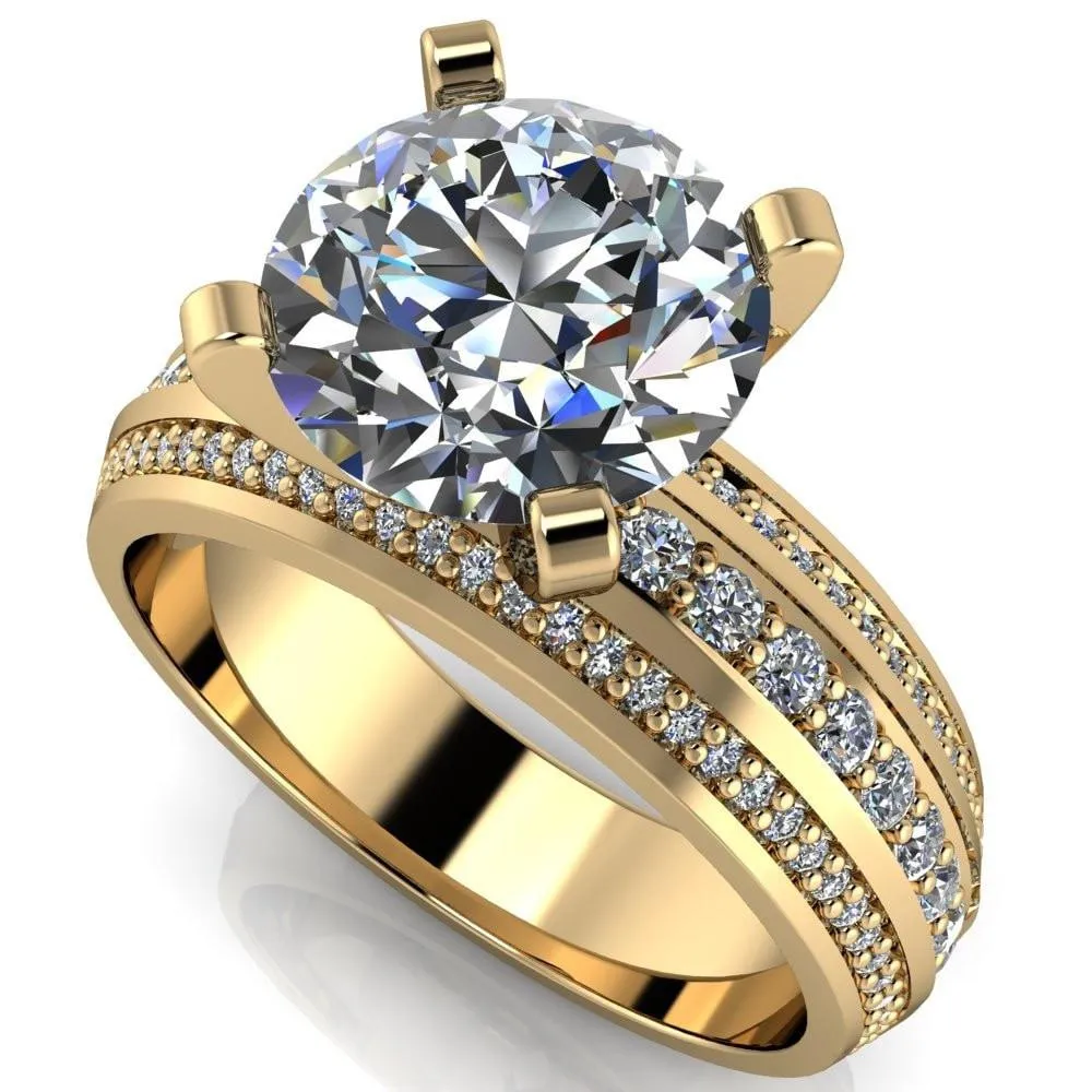 Laura Round Center Stone Thick Triple Diamond Row Ring