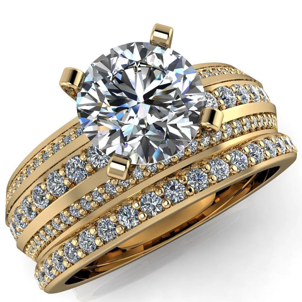 Laura Round Center Stone Thick Triple Diamond Row Ring