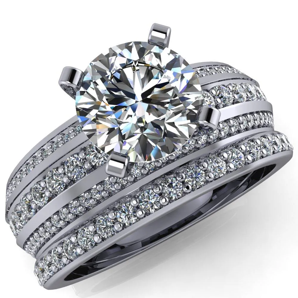 Laura Round Center Stone Thick Triple Diamond Row Ring