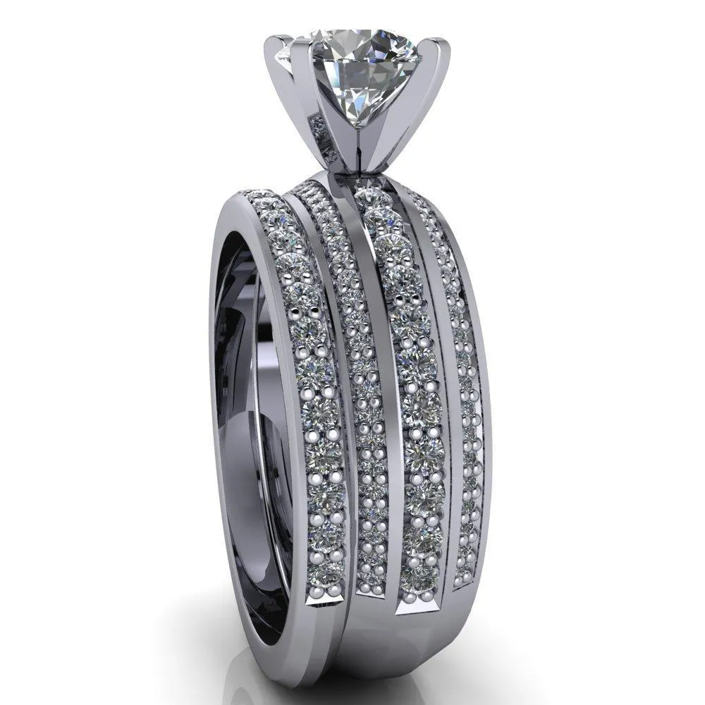 Laura Round Center Stone Thick Triple Diamond Row Ring