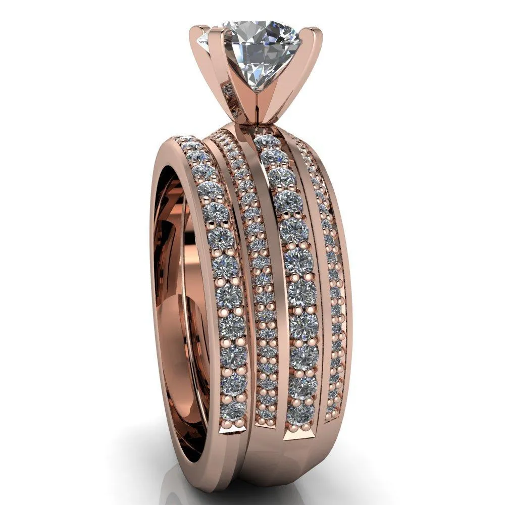 Laura Round Center Stone Thick Triple Diamond Row Ring