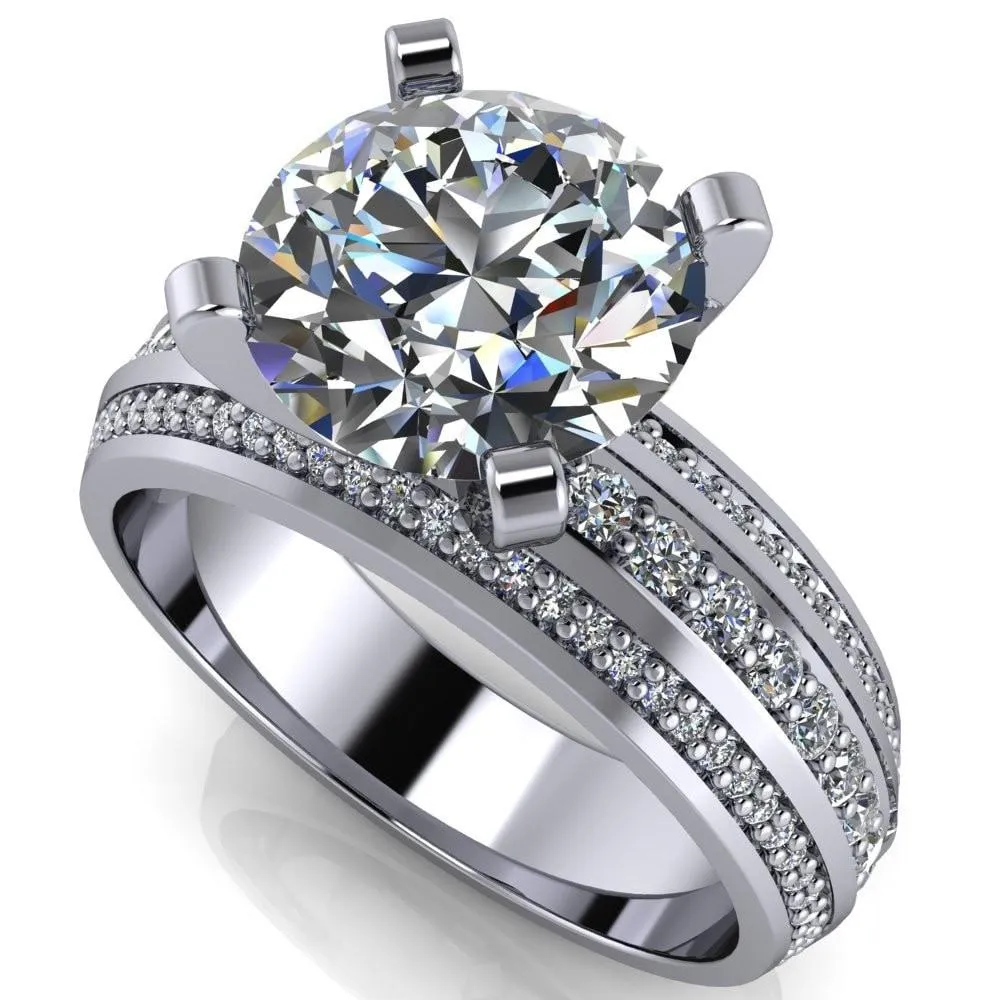 Laura Round Center Stone Thick Triple Diamond Row Ring