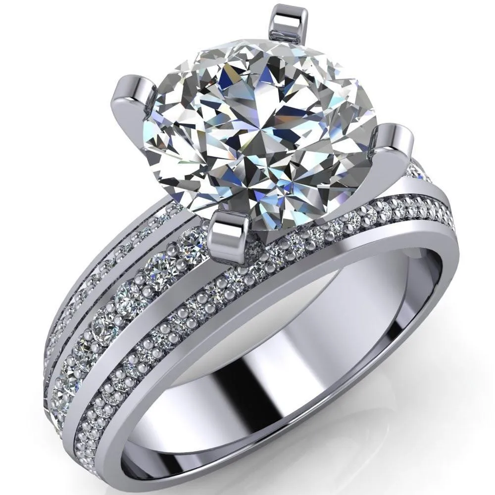 Laura Round Center Stone Thick Triple Diamond Row Ring