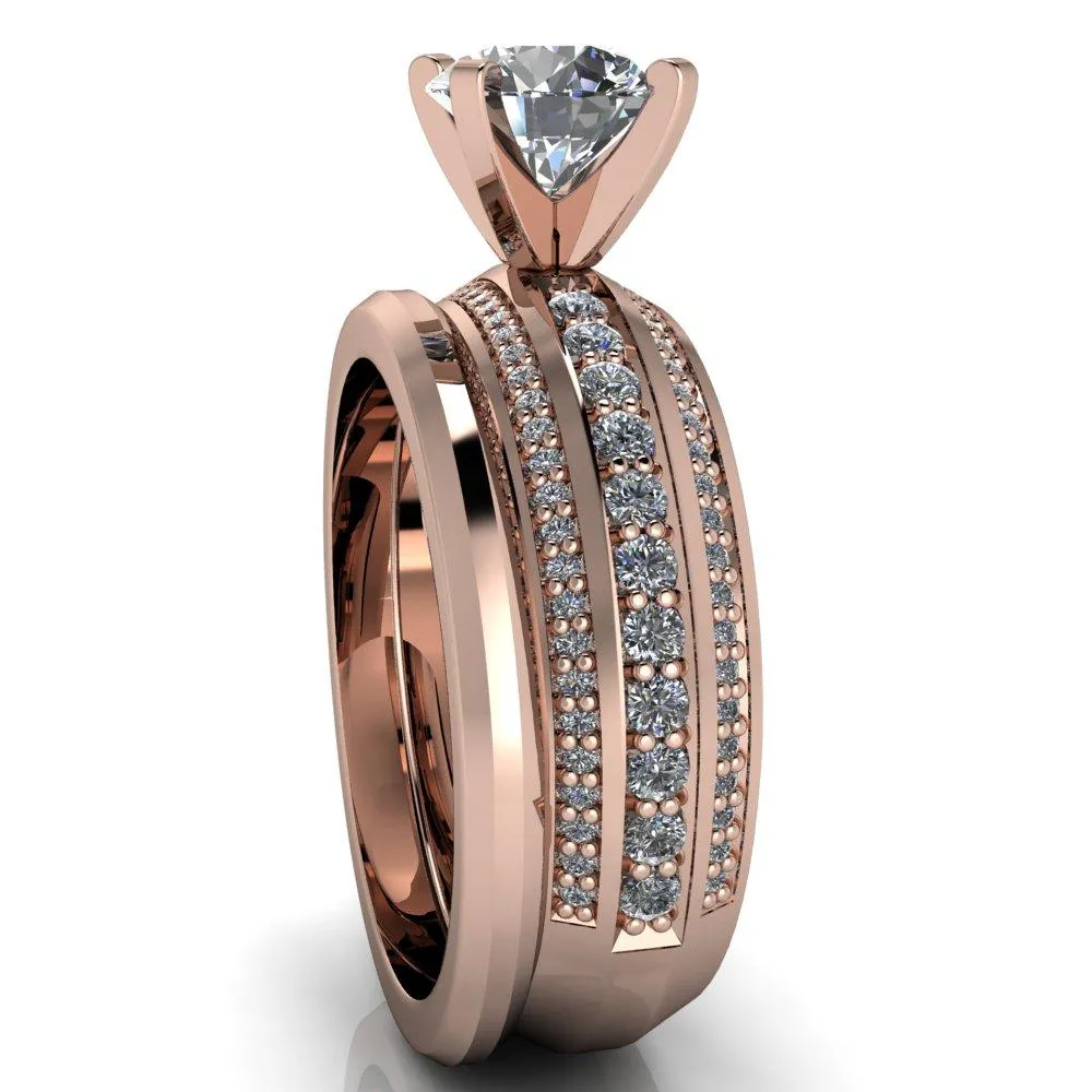 Laura Round Center Stone Thick Triple Diamond Row Ring