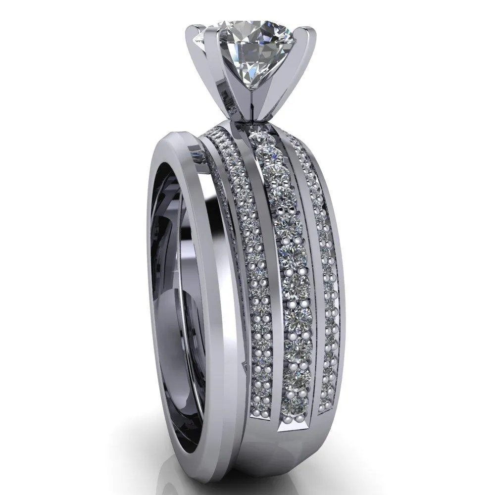 Laura Round Center Stone Thick Triple Diamond Row Ring