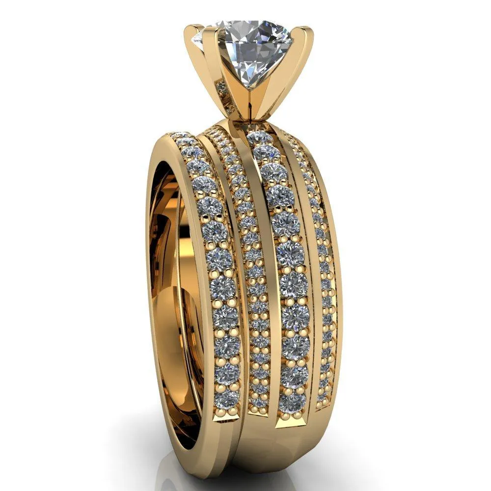 Laura Round Center Stone Thick Triple Diamond Row Ring