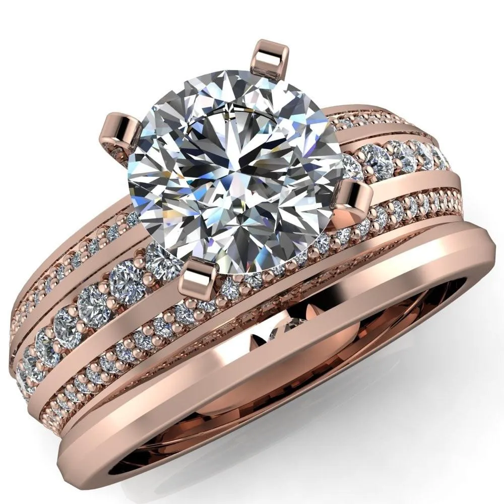 Laura Round Center Stone Thick Triple Diamond Row Ring