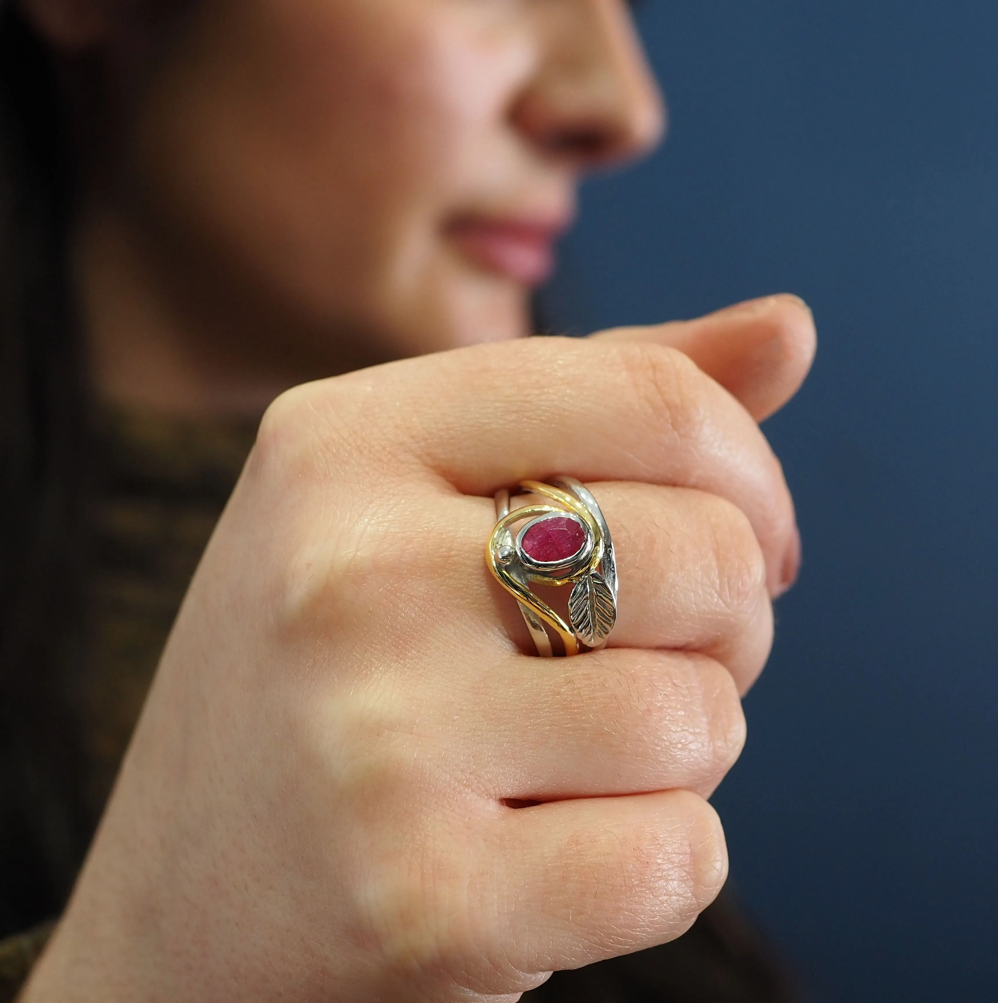 Leaf Ring in Silver Gold & various gemstones