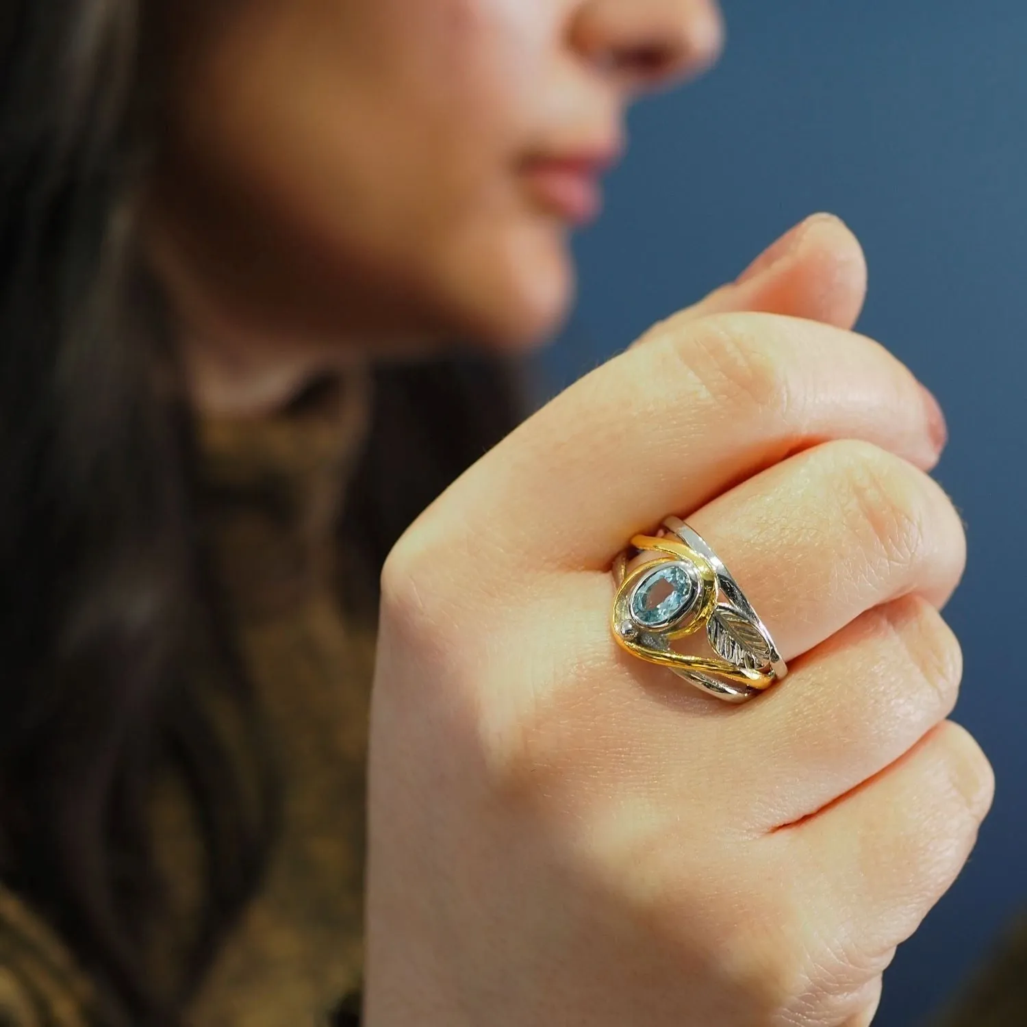 Leaf Ring in Silver Gold & various gemstones