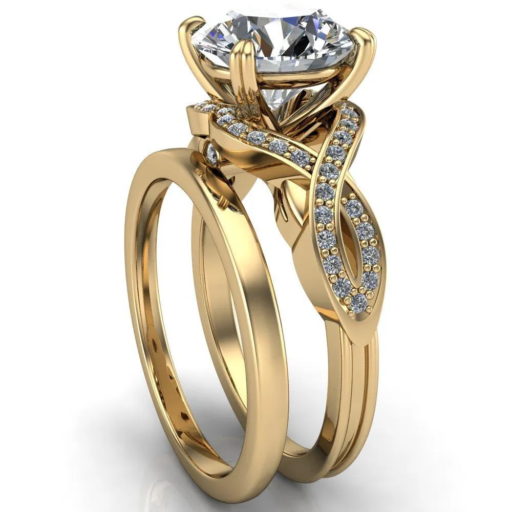 Leah Round Center Stone 4 Prong Lips and Kiss Swirl Diamond Shank Ring