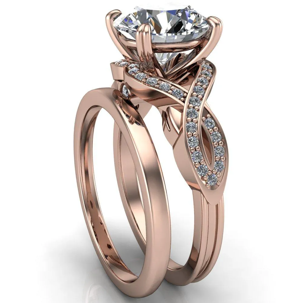 Leah Round Center Stone 4 Prong Lips and Kiss Swirl Diamond Shank Ring