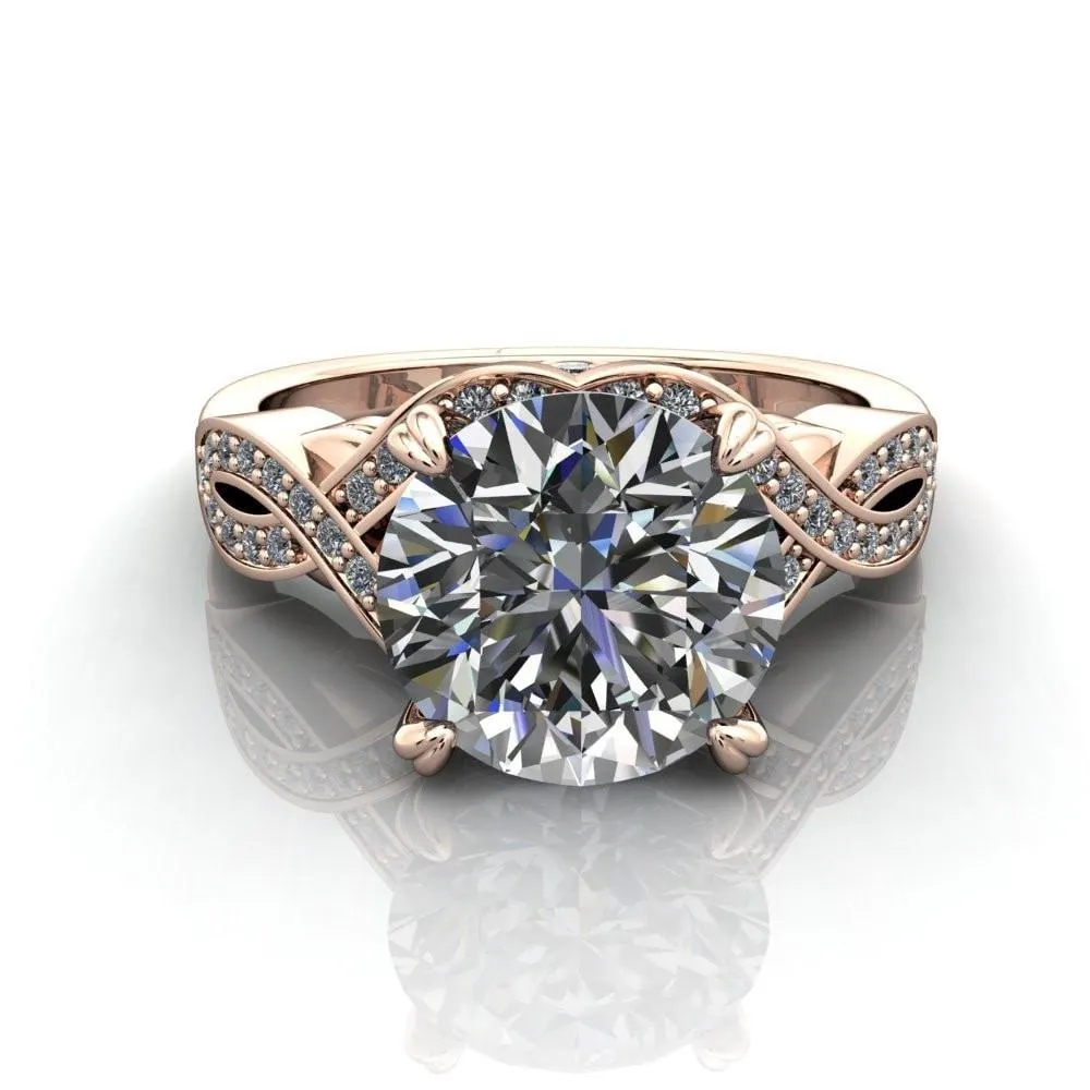 Leah Round Center Stone 4 Prong Lips and Kiss Swirl Diamond Shank Ring
