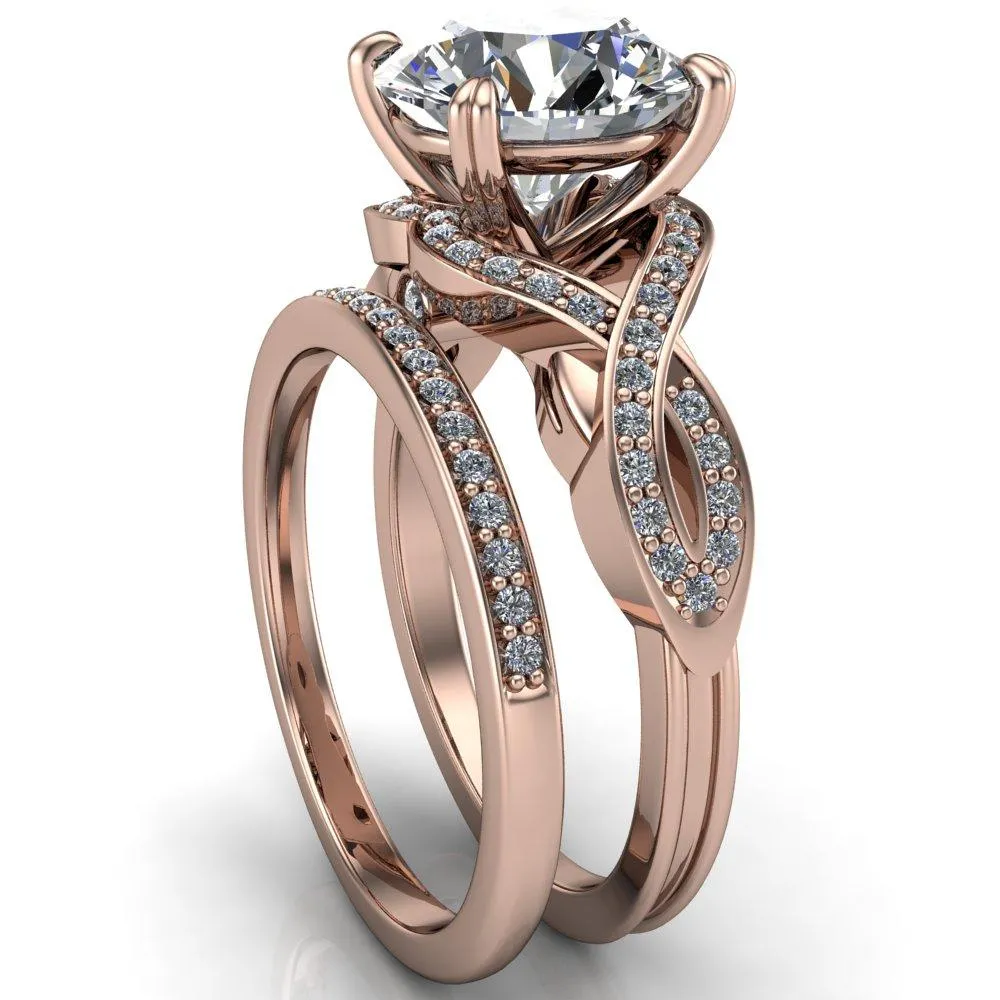 Leah Round Center Stone 4 Prong Lips and Kiss Swirl Diamond Shank Ring
