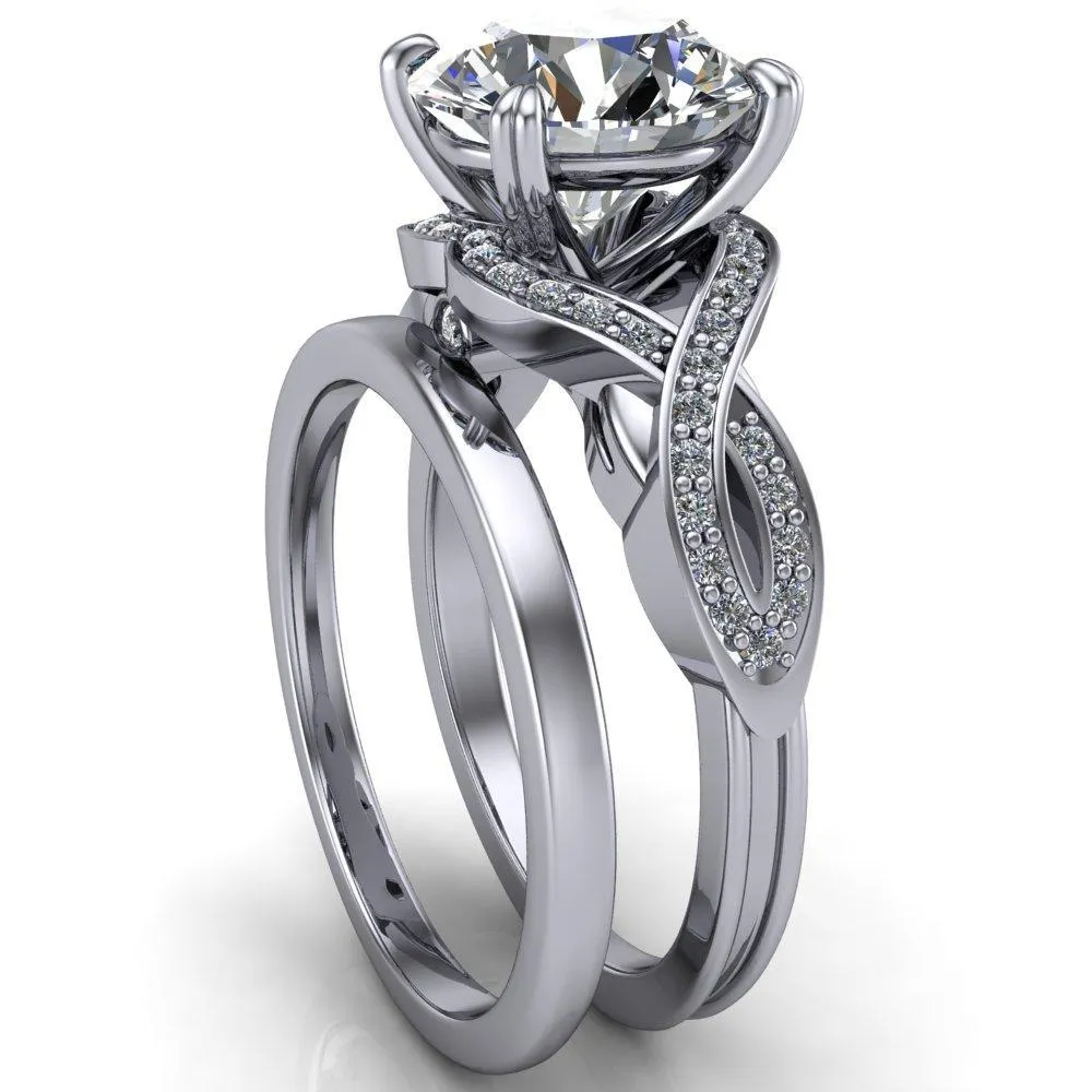 Leah Round Center Stone 4 Prong Lips and Kiss Swirl Diamond Shank Ring