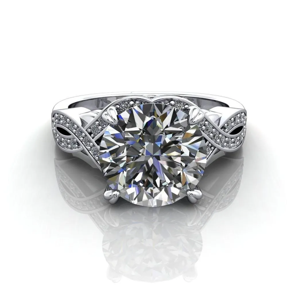 Leah Round Center Stone 4 Prong Lips and Kiss Swirl Diamond Shank Ring