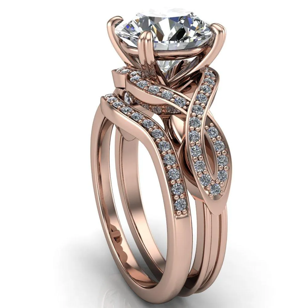 Leah Round Center Stone 4 Prong Lips and Kiss Swirl Diamond Shank Ring