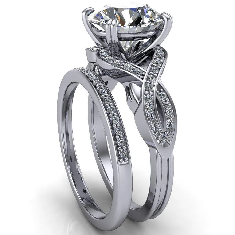 Leah Round Center Stone 4 Prong Lips and Kiss Swirl Diamond Shank Ring
