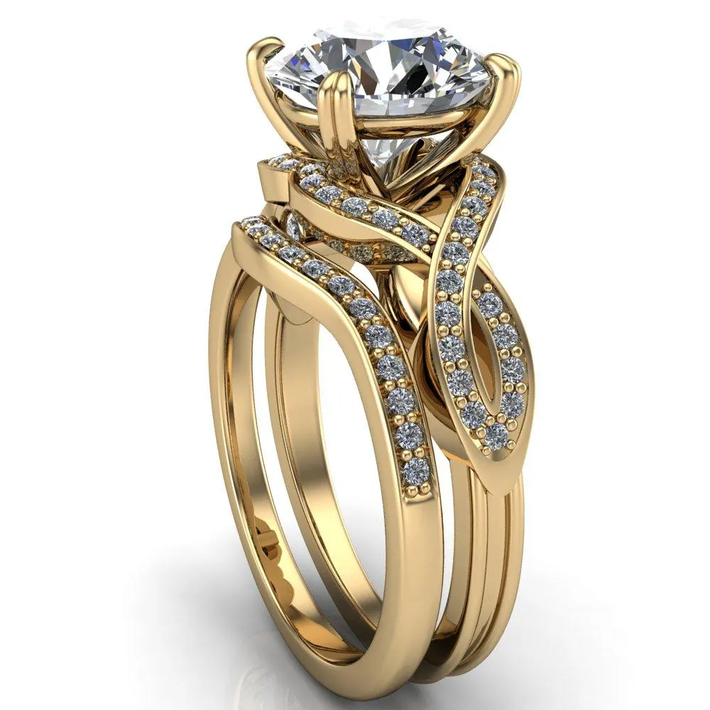 Leah Round Center Stone 4 Prong Lips and Kiss Swirl Diamond Shank Ring