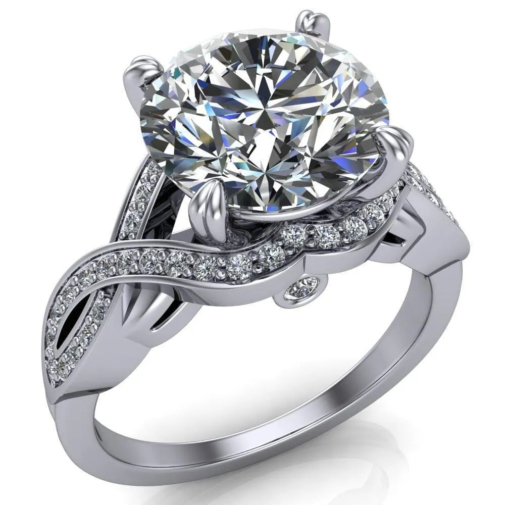 Leah Round Center Stone 4 Prong Lips and Kiss Swirl Diamond Shank Ring